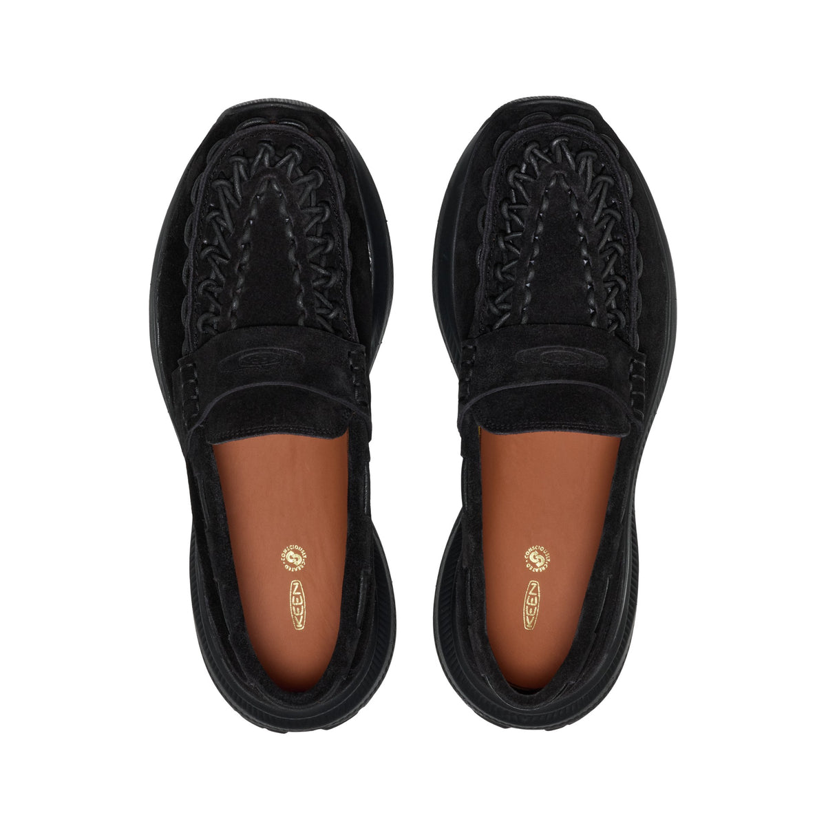 KEEN Uneek Loafer in Schwarz, Paar von oben mit Fußbett