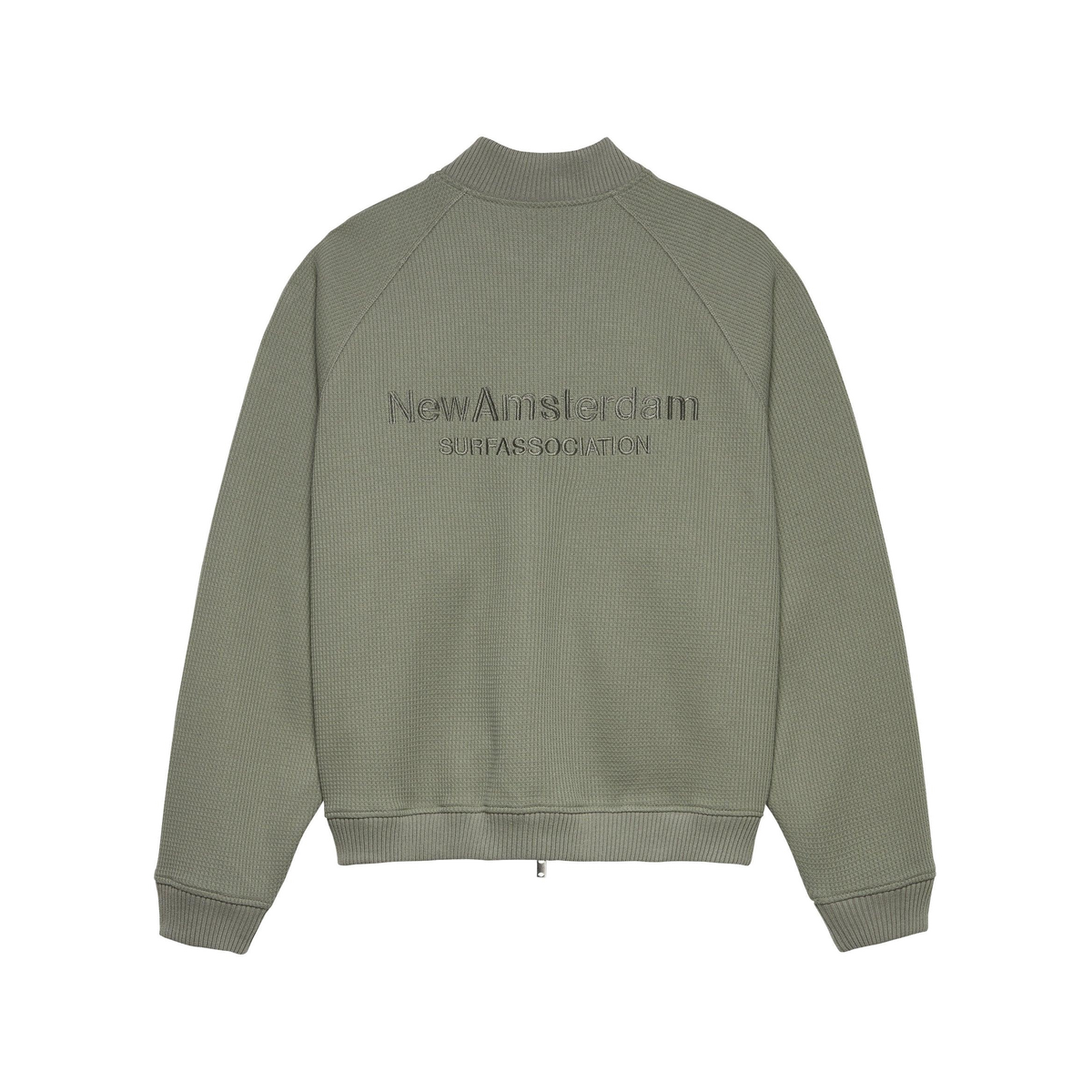 New Amsterdam Waffle Zip Up in Salbeigrün von hinten mit Rückenschriftzug