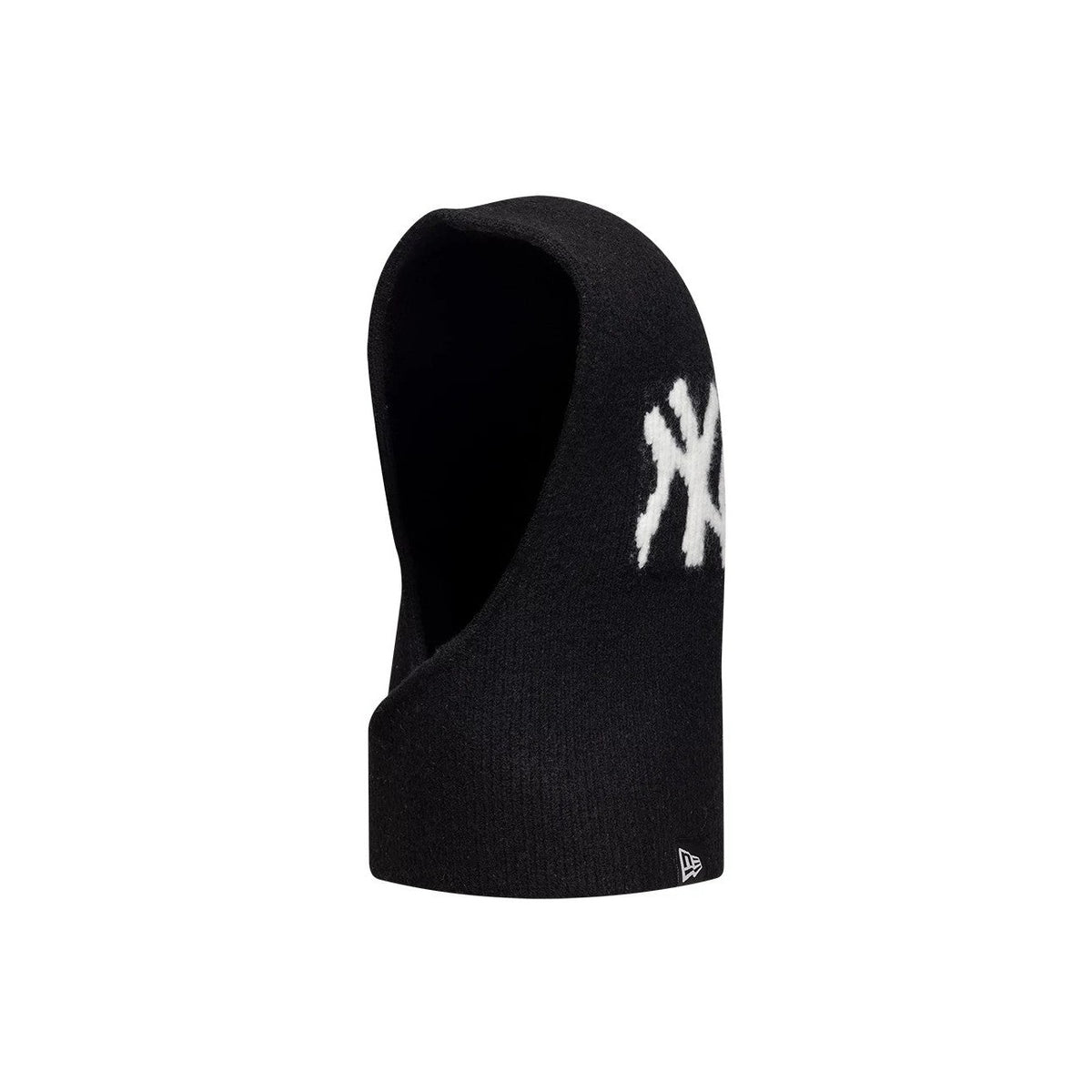 New Era Knitted Tie Hood in Schwarz seitlich mit NY Logo