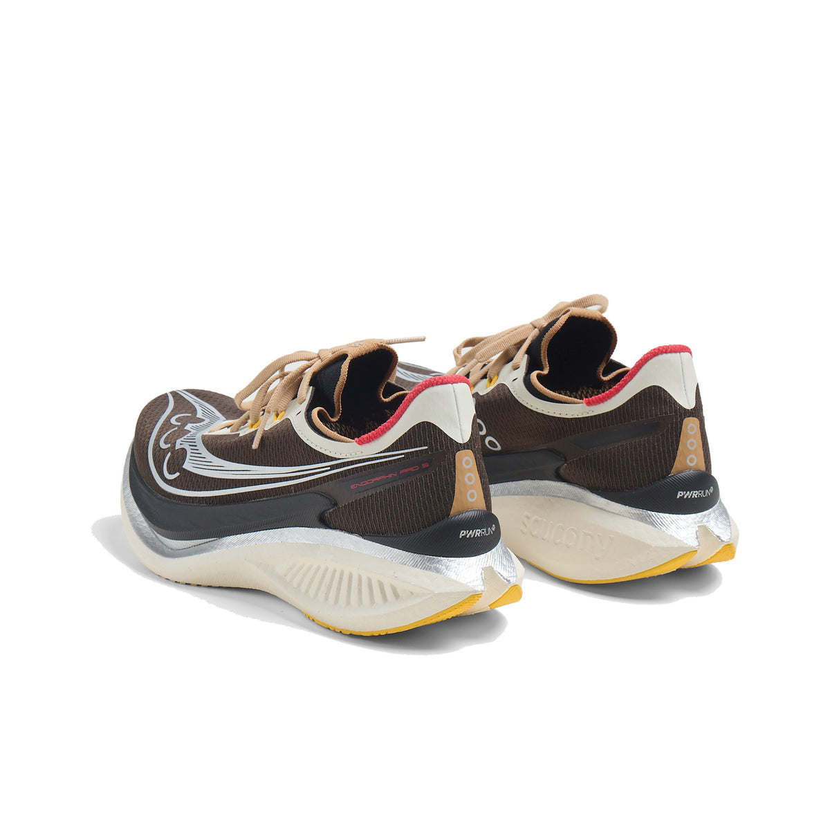 Saucony Endorphin Pro 5 Coffee Cream als Paar von hinten