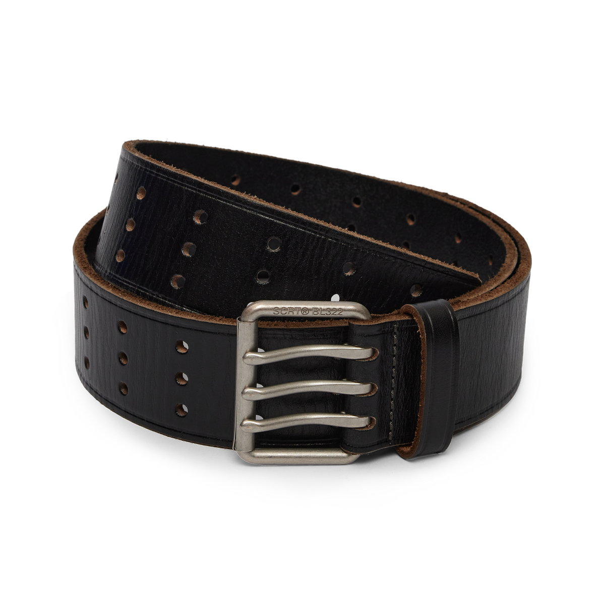 SCRT 3 Hole Belt in Schwarz, Ledergürtel aufgerollt von vorne