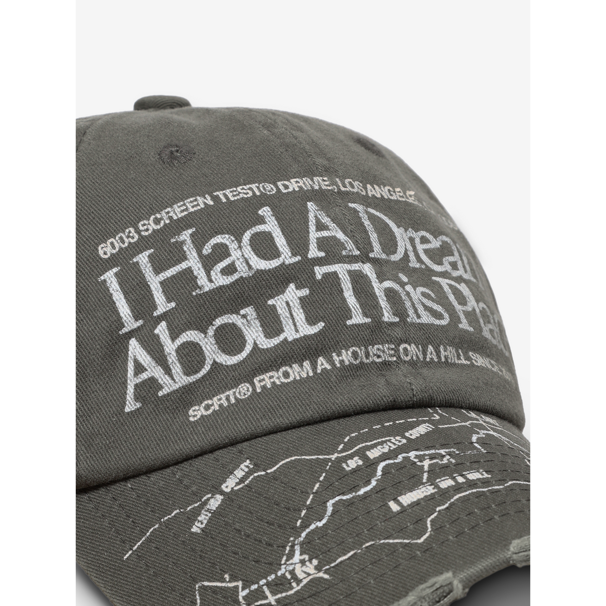 SCRT Crossroads Dad Cap in Grau, Nahaufnahme von Front-Print und Schirm