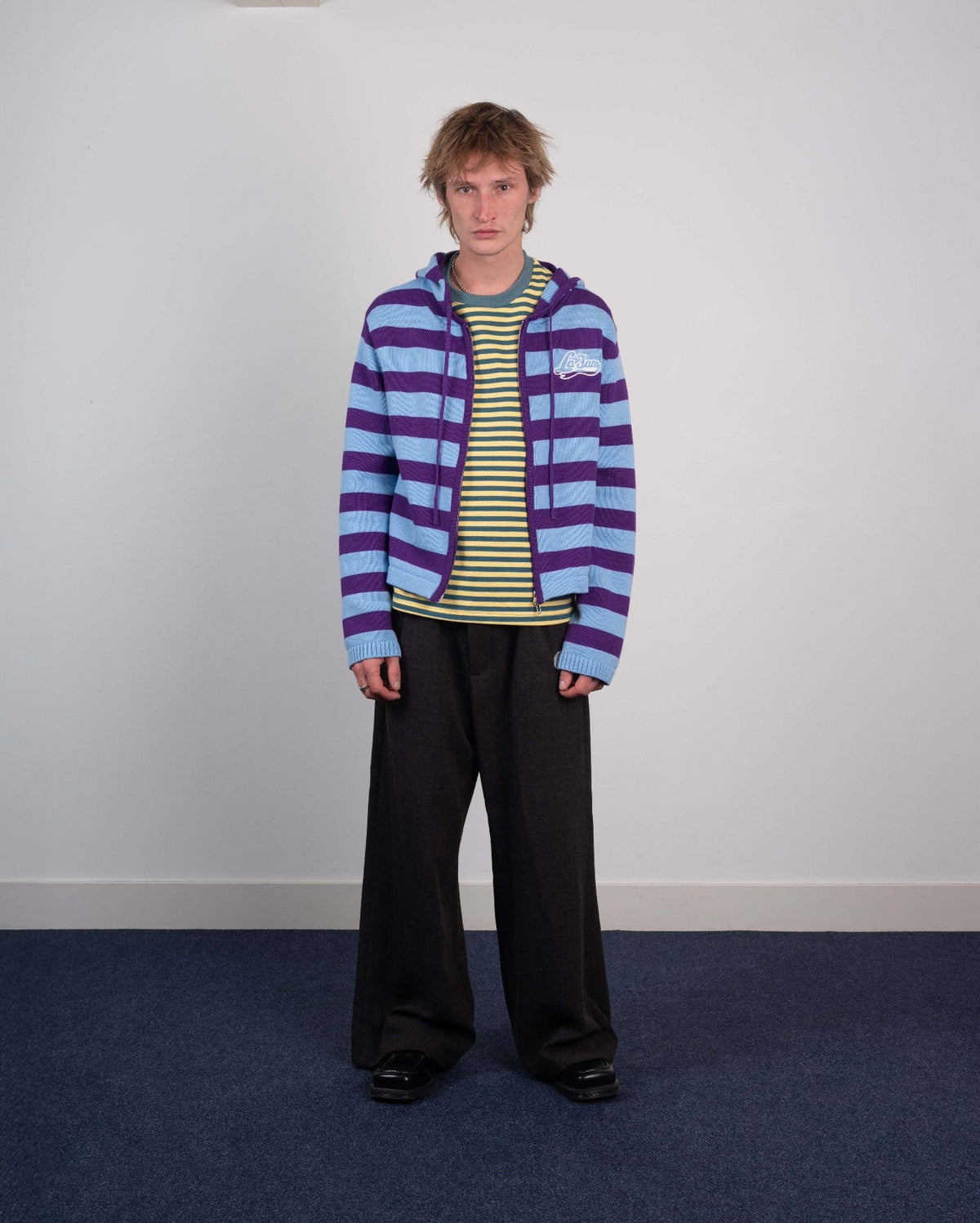 La Fam Striped Knit Zip Up Hoodie Baby Blue Purple - CLAF14995 - Coziness