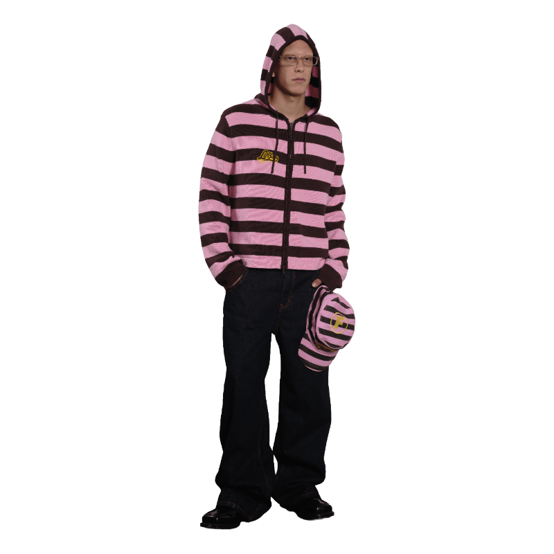La Fam Striped Knit Zip Up Hoodie Pink La Fam Striped Knit Zip Up Hoodie Pink