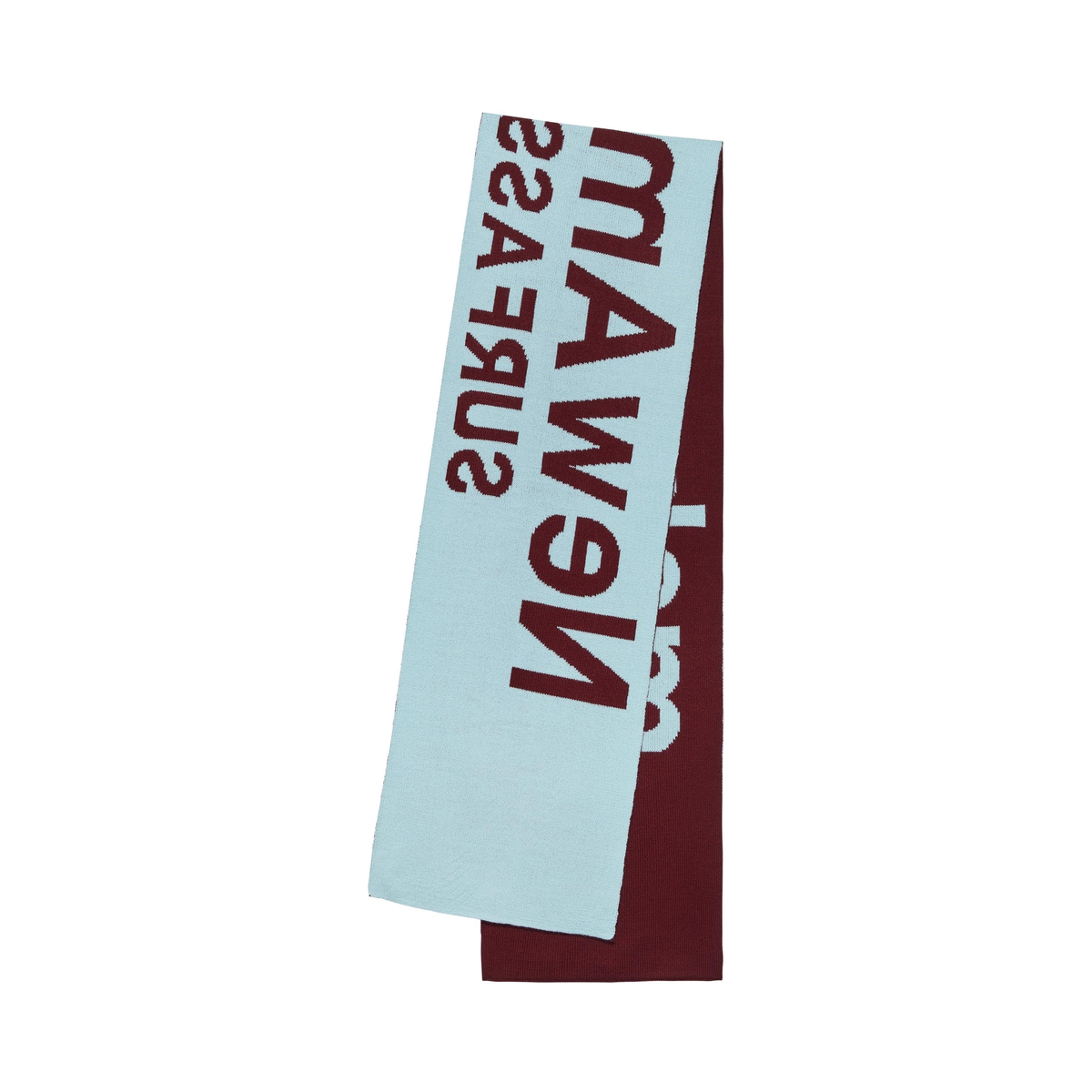 New Amsterdam Name Scarf in Burgundy und Hellblau, Rückseite mit gespiegeltem Schriftzug