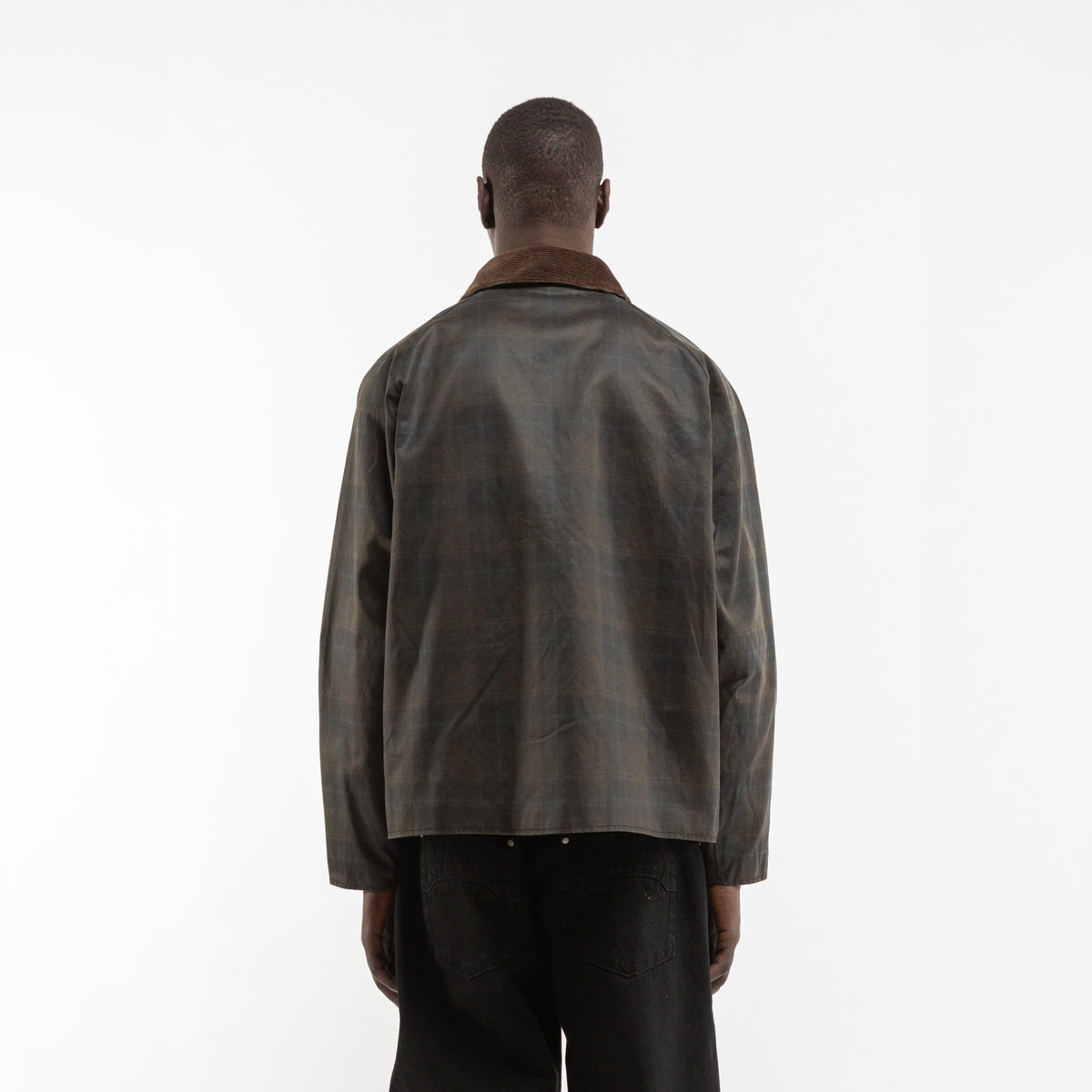 Reternity karierte Waxed Jacke in Dunkelblau, Model von hinten
