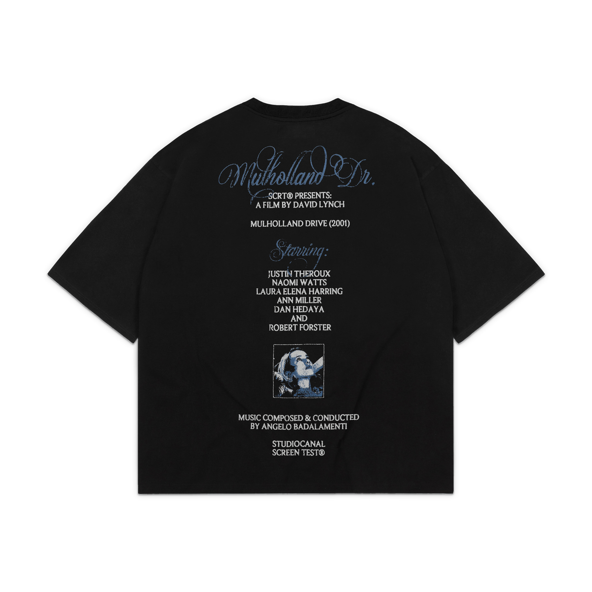 SCRT Mulholland Drive T-Shirt in Schwarz, Rückseite mit Credits-Druck