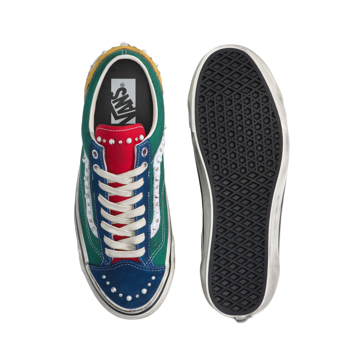Vans LX Old Skool 36 in Grün Blau, ein Schuh von oben und einer mit Sohle